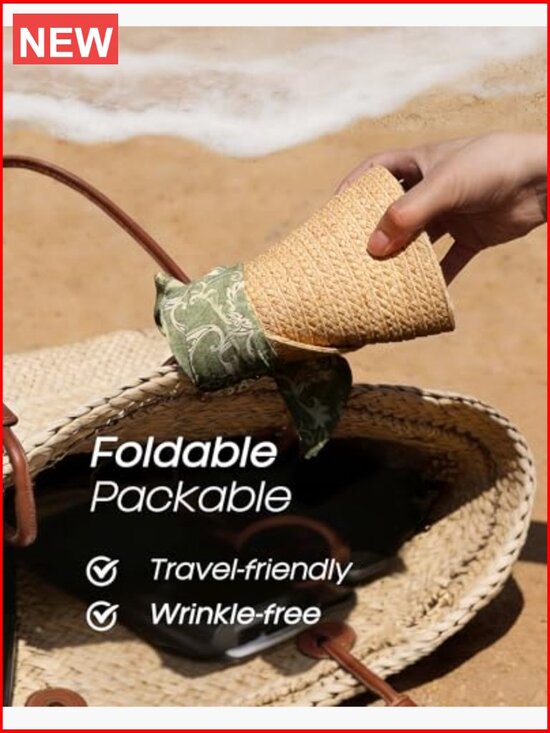 Women\'s Straw Sun Hat with Bow Ribbon, Adjustable & Packable